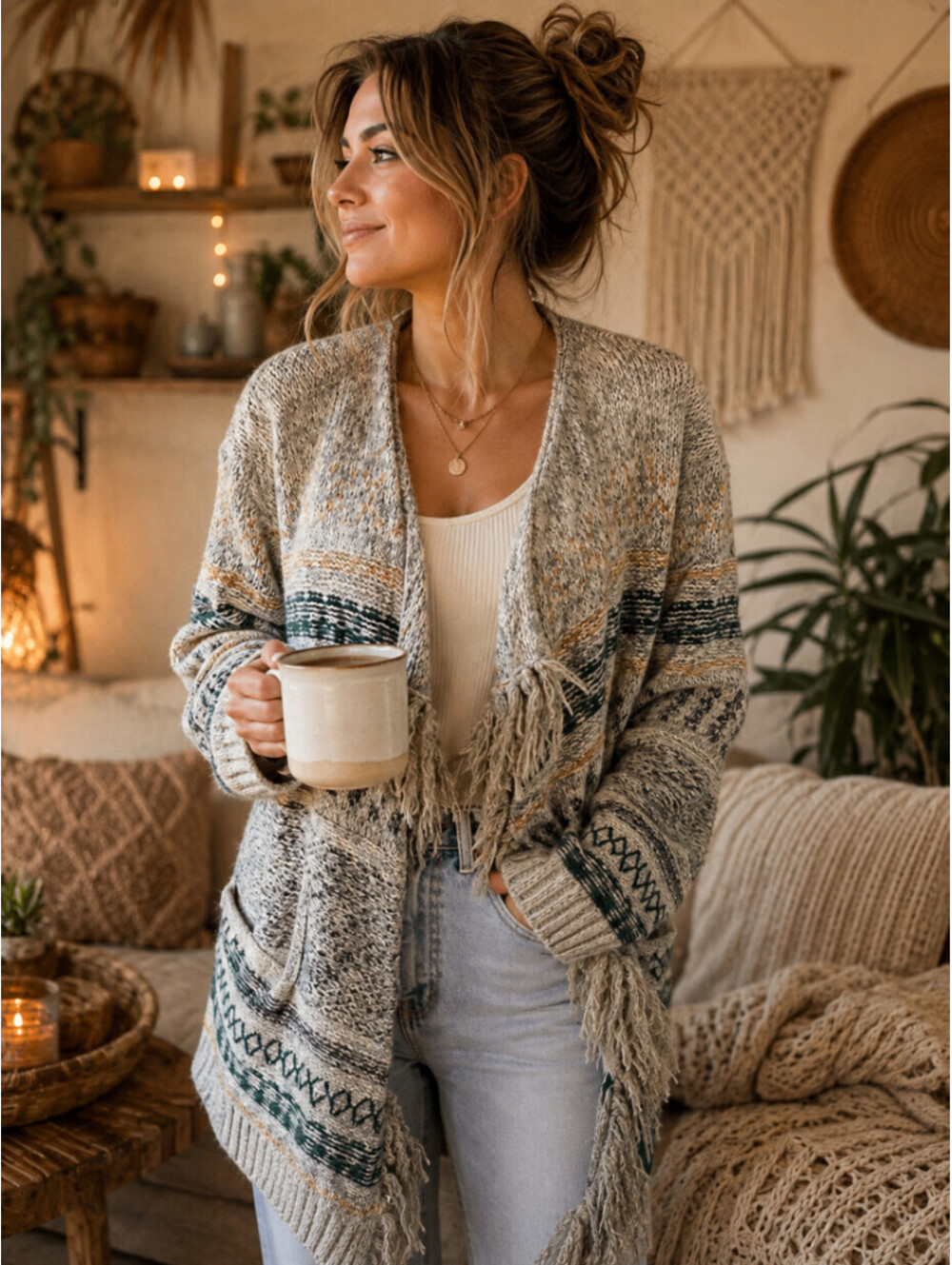 Cabi Wanderlust Cardigan Sweater M Tribal Fringe Open Front Pockets